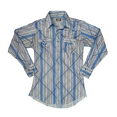 Vintage70s white blue abstract pattern polyester western cowboy shirt size large